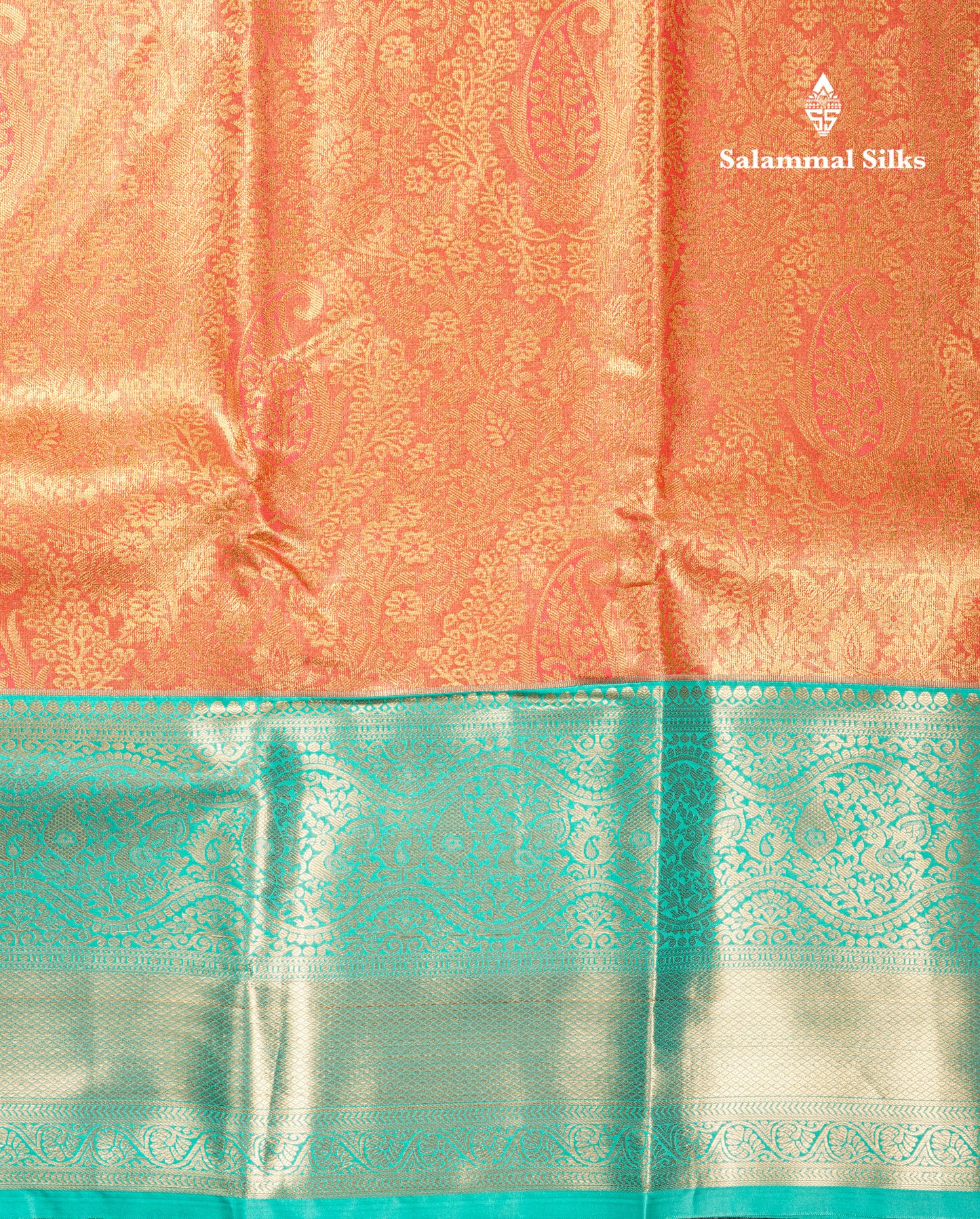 Orange Bridal Tissue Semi Silk Saree With Contrast Sapphire Green Border