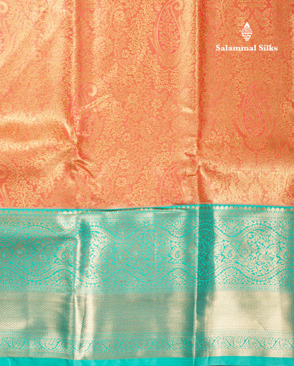 Orange Bridal Tissue Semi Silk Saree With Contrast Sapphire Green Border