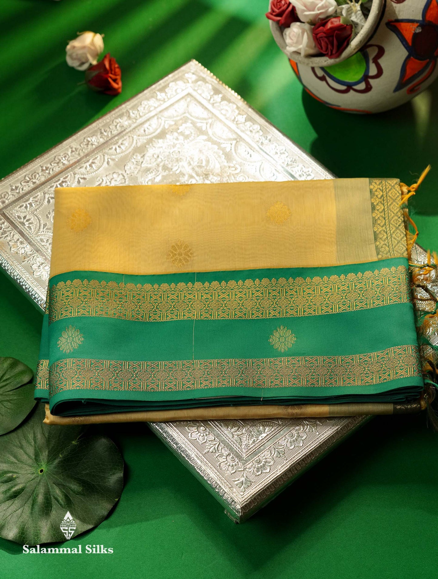 Beautiful Green Semi Silk Cotton Saree With Contrast Black Traditional Gap Border