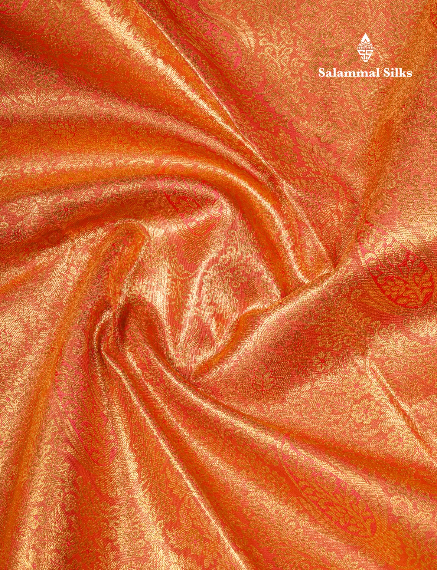 Orange Bridal Tissue Semi Silk Saree With Contrast Sapphire Green Border