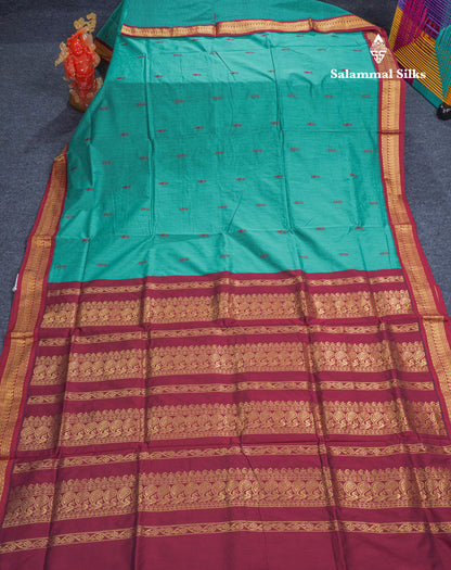 Sapphire Green Kalyani Cotton Saree With Contrast Dark Maroon Border