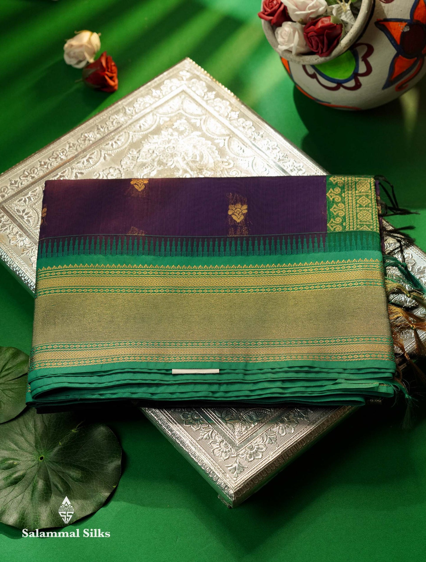 Beautiful Black Zari Butta Semi Silk Cotton Saree With Contrast Sapphire Green Traditional Border