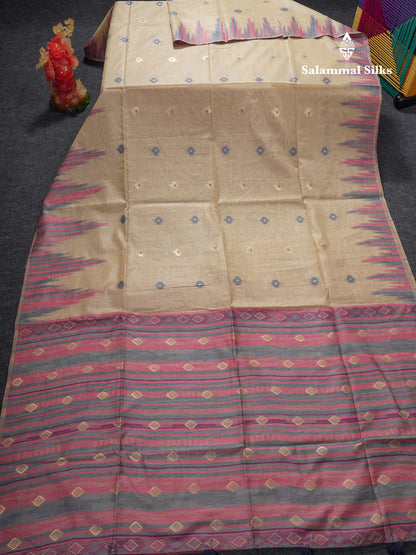 Beautiful Cream Sandal Muga Cotton Saree With Contrast Mustard Yellow Traditional Temple Border
