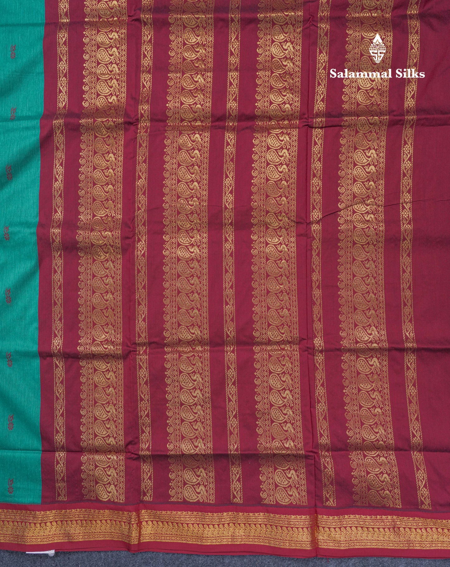 Sapphire Green Kalyani Cotton Saree With Contrast Dark Maroon Border