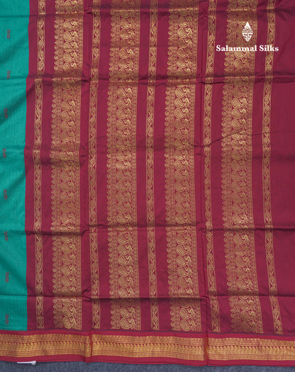 Sapphire Green Kalyani Cotton Saree With Contrast Dark Maroon Border