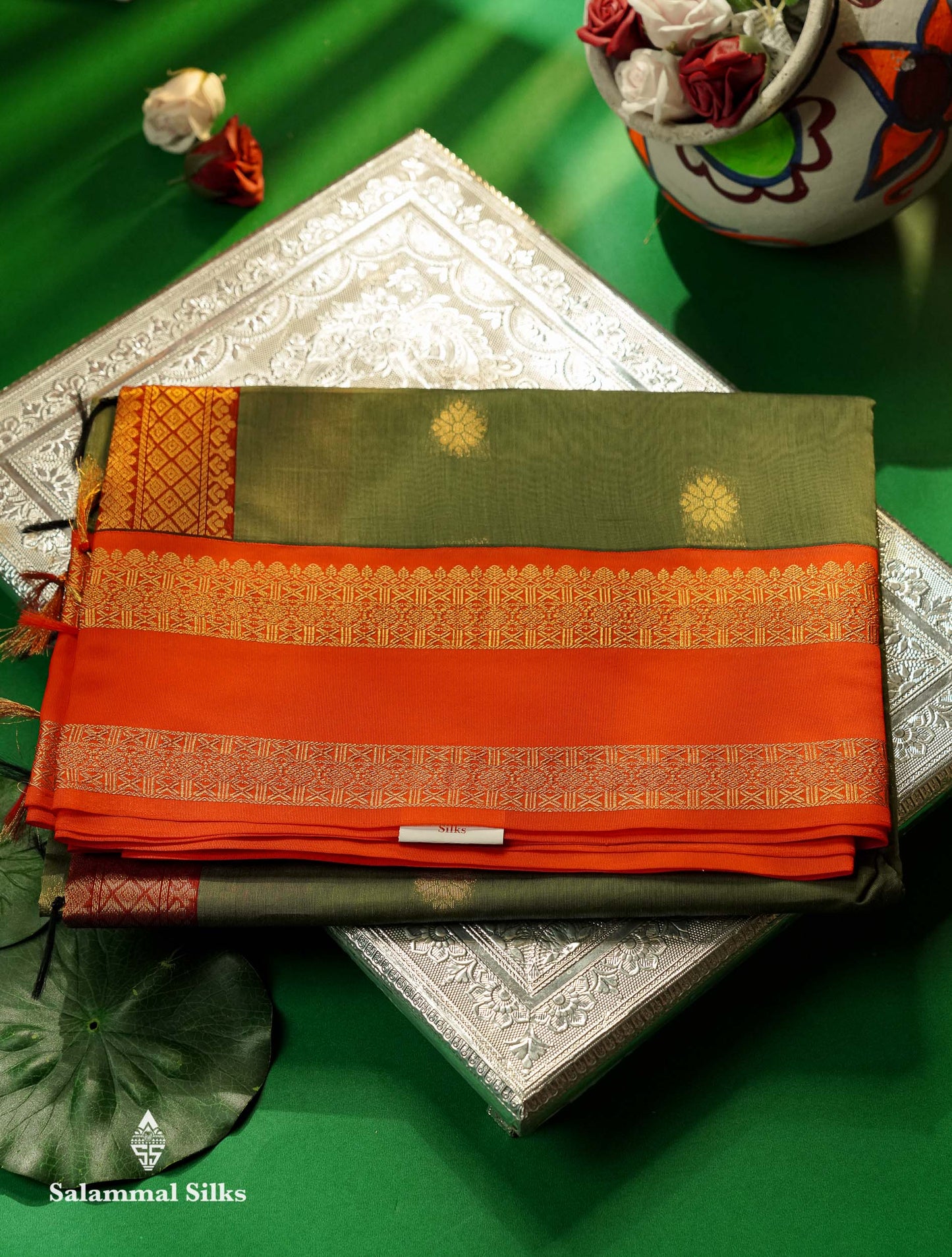 Beautiful Green Semi Silk Cotton Saree With Contrast Black Traditional Gap Border
