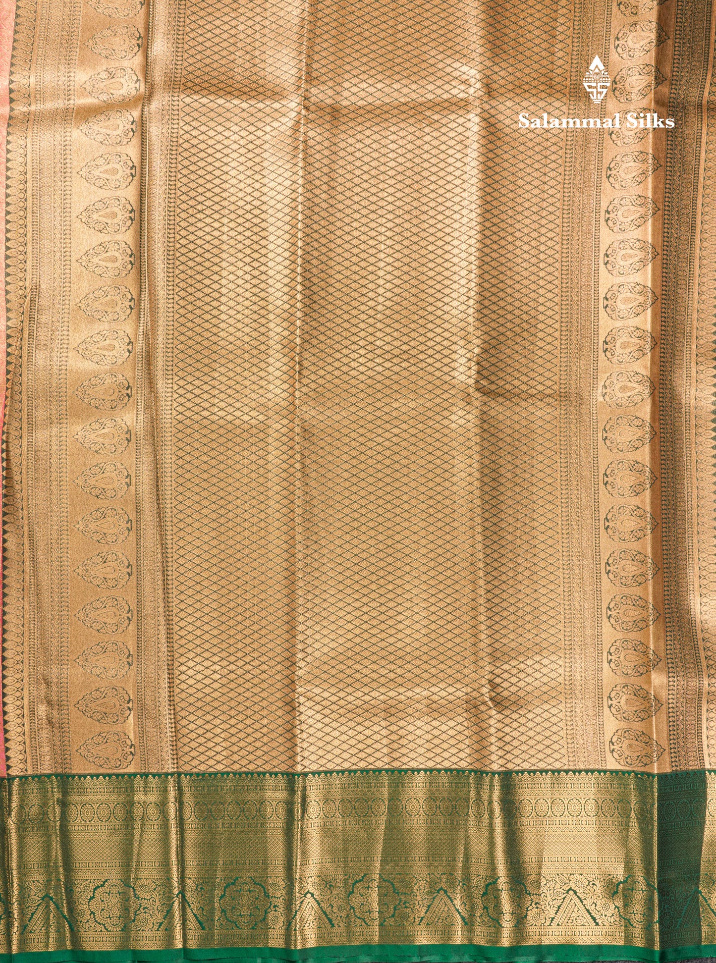 Pinkish Peach Bridal Tissue Semi Silk Saree With Contrast Bottle Green Border