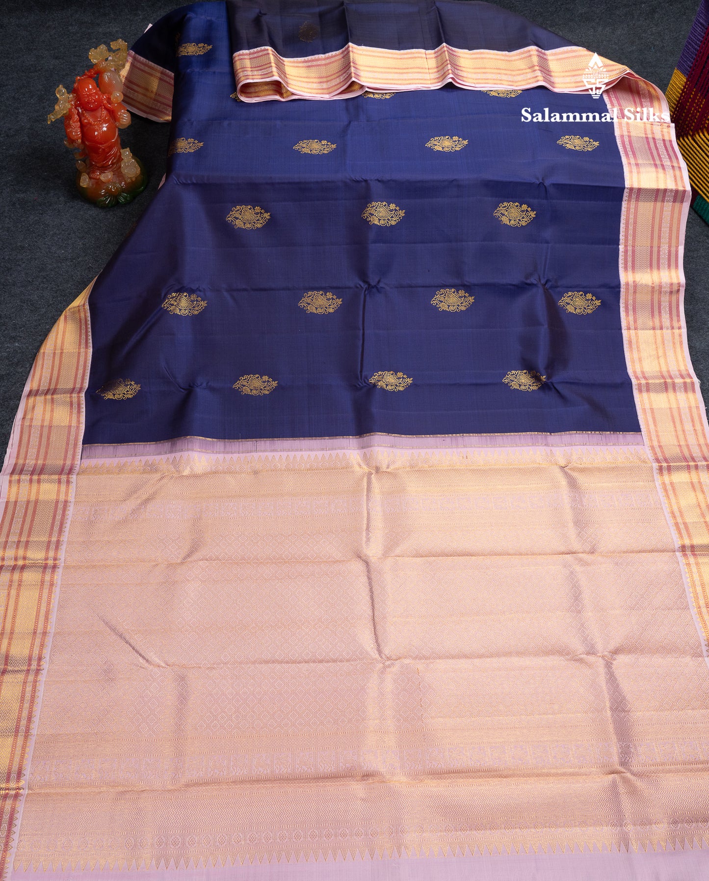 Korvai Beautiful Navy Blue Pure Kanjivaram Silk Saree With Contrast Baby Pink Traditional Medium Border