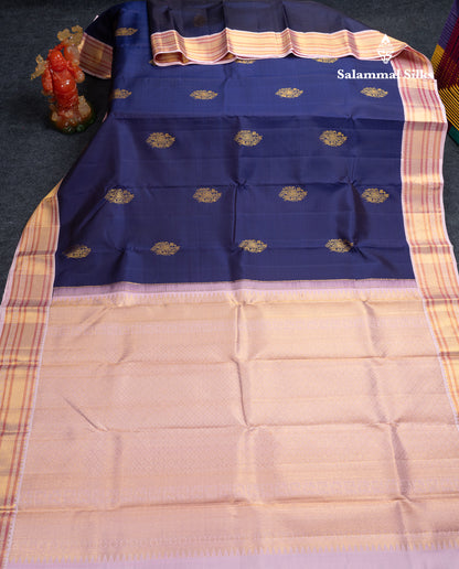 Korvai Beautiful Navy Blue Pure Kanjivaram Silk Saree With Contrast Baby Pink Traditional Medium Border