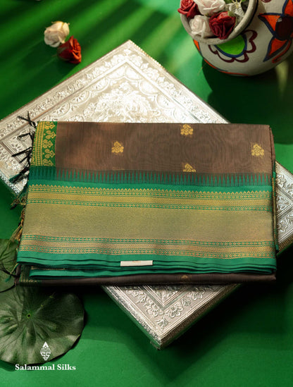 Beautiful Black Zari Butta Semi Silk Cotton Saree With Contrast Sapphire Green Traditional Border