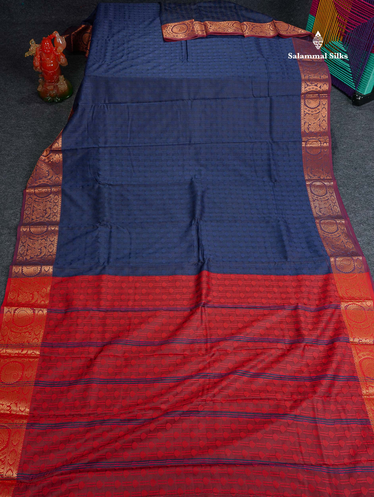 Semi Silk Saree - Navy Blue Colour Body With Contrast Maroon Border