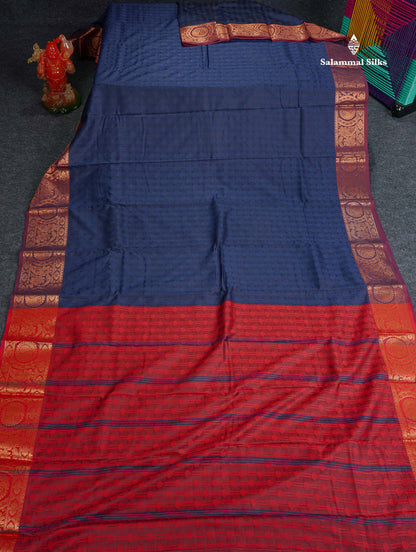 Semi Silk Saree - Navy Blue Colour Body With Contrast Maroon Border