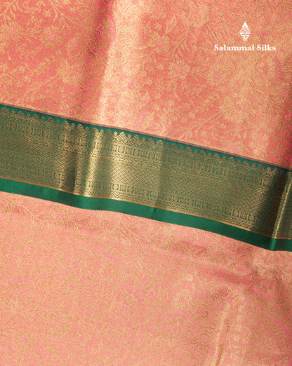 Pinkish Peach Bridal Tissue Semi Silk Saree With Contrast Bottle Green Border