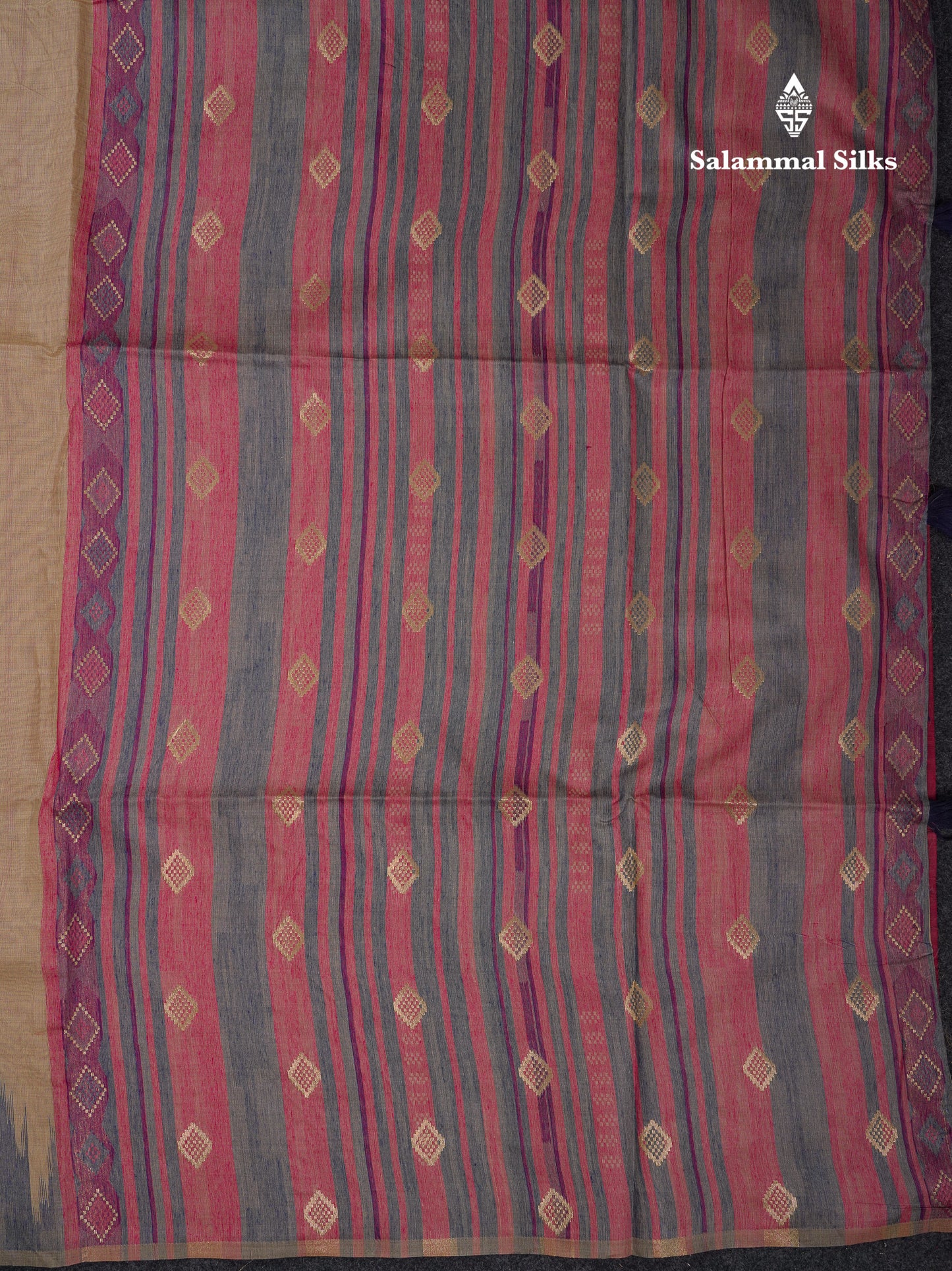 Beautiful Cream Sandal Muga Cotton Saree With Contrast Mustard Yellow Traditional Temple Border