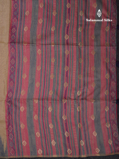 Beautiful Cream Sandal Muga Cotton Saree With Contrast Mustard Yellow Traditional Temple Border