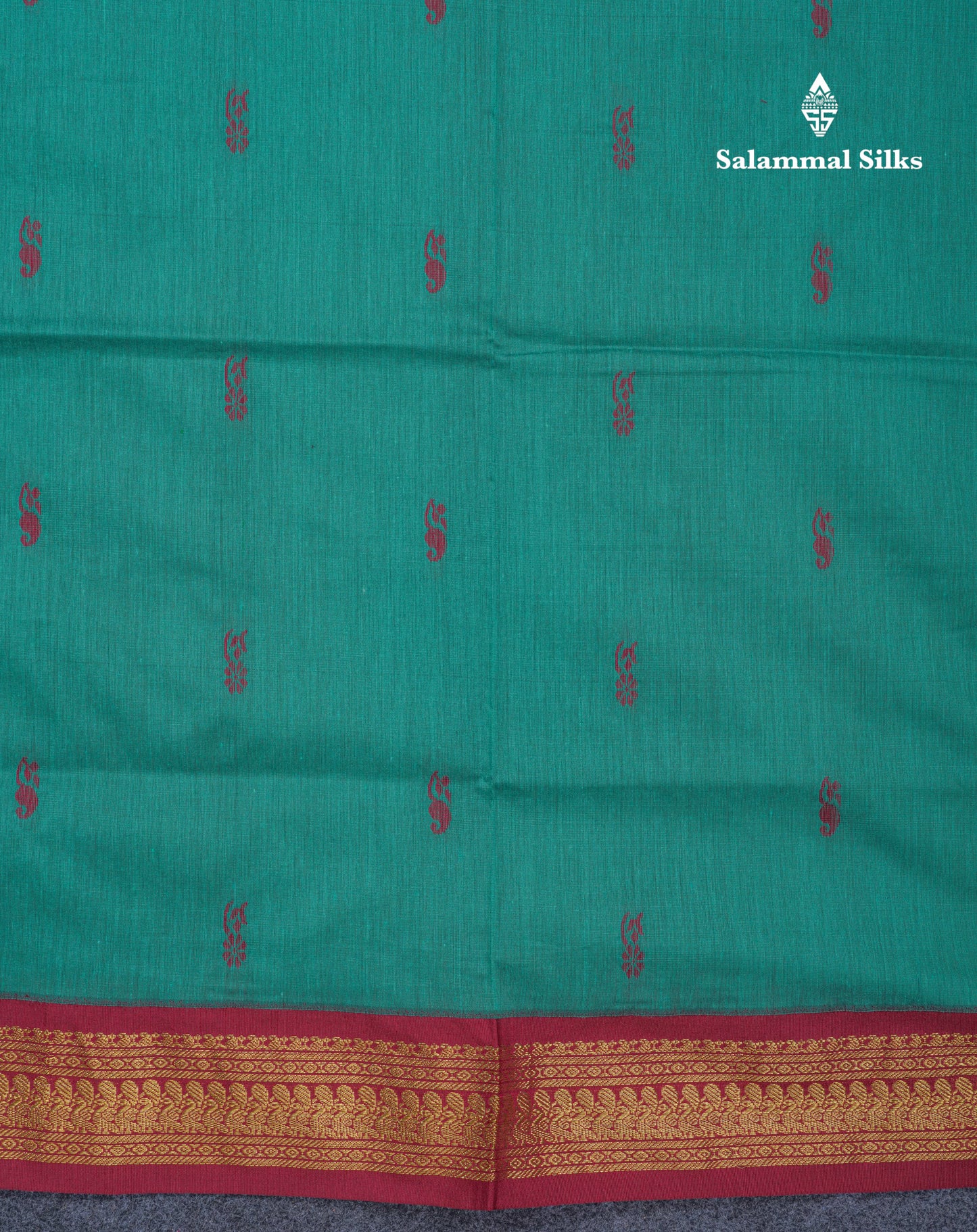 Sapphire Green Kalyani Cotton Saree With Contrast Dark Maroon Border