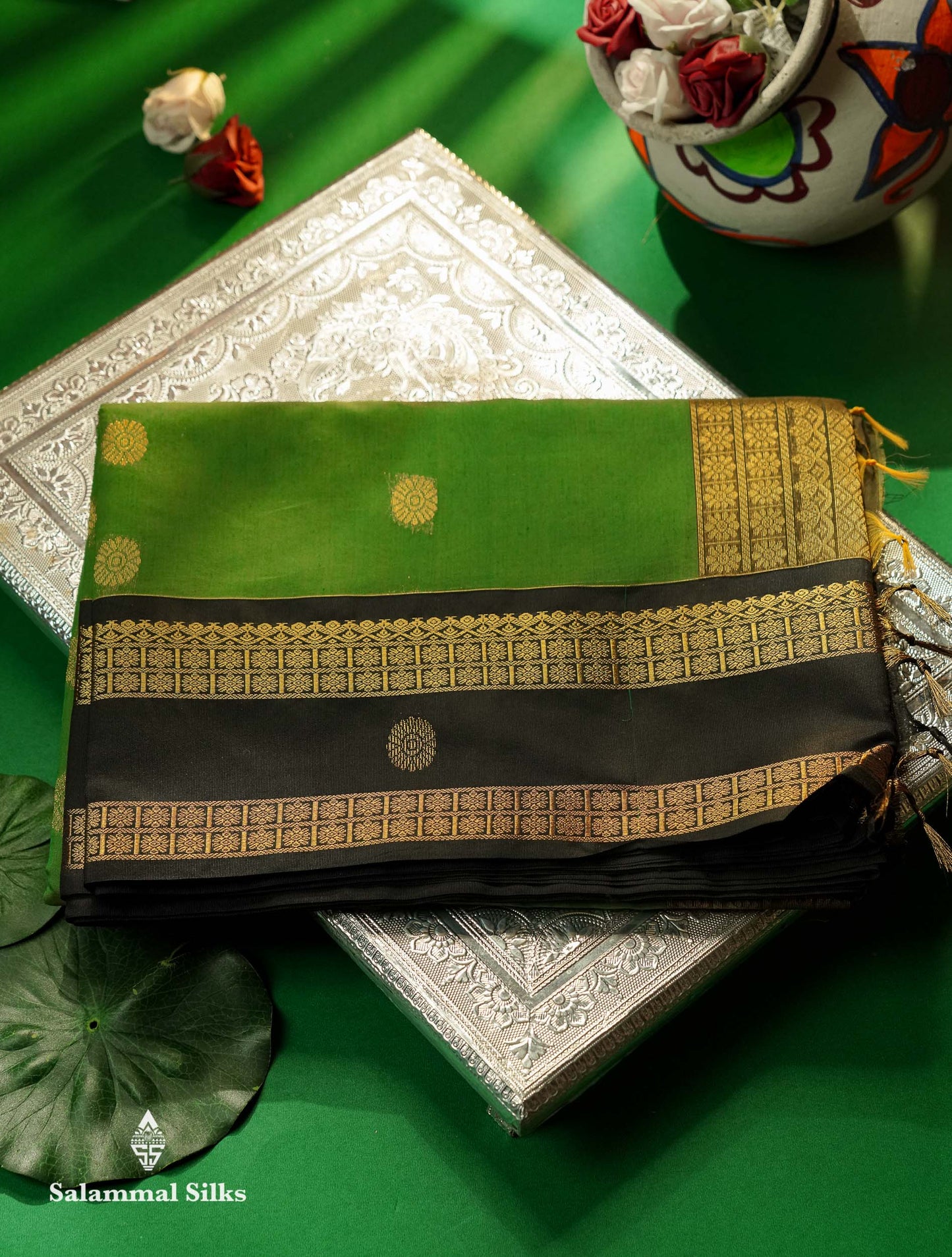 Beautiful Green Semi Silk Cotton Saree With Contrast Black Traditional Gap Border