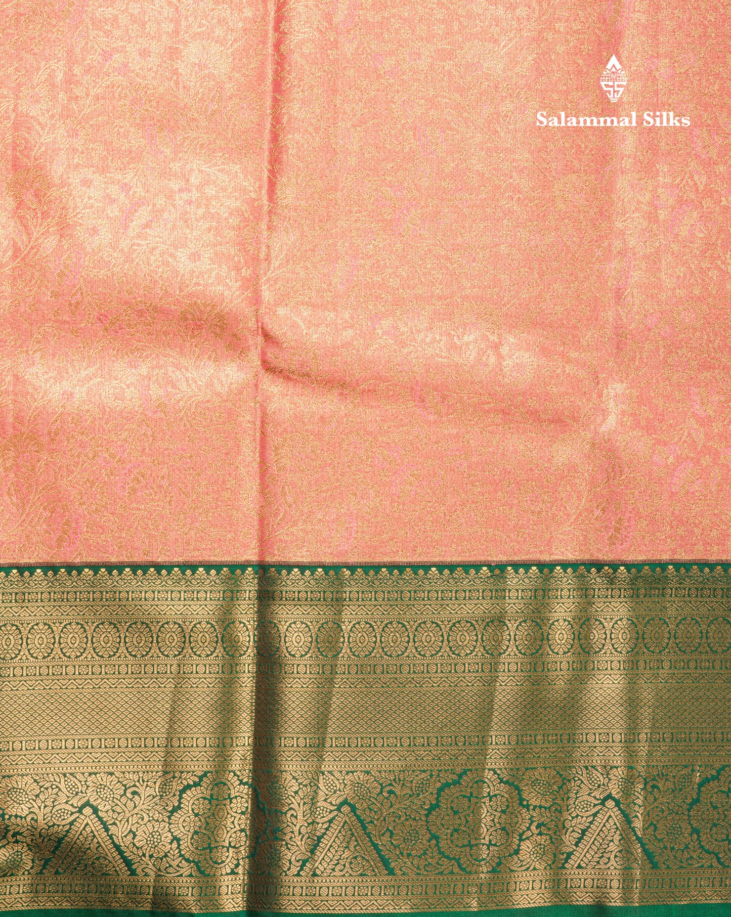 Pinkish Peach Bridal Tissue Semi Silk Saree With Contrast Bottle Green Border