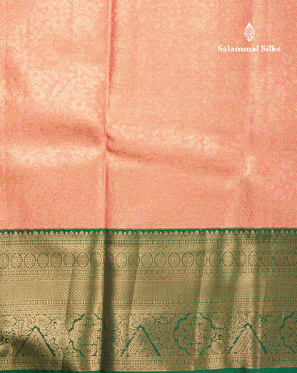 Pinkish Peach Bridal Tissue Semi Silk Saree With Contrast Bottle Green Border