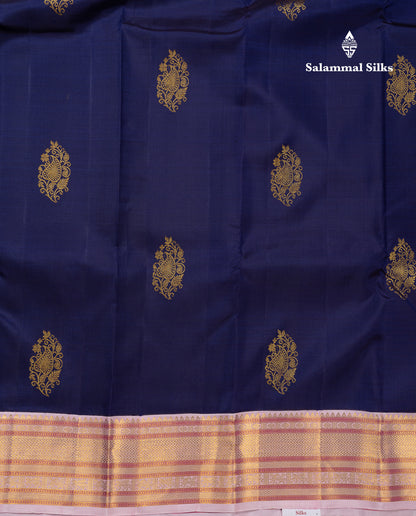 Korvai Beautiful Navy Blue Pure Kanjivaram Silk Saree With Contrast Baby Pink Traditional Medium Border