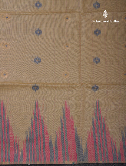 Beautiful Cream Sandal Muga Cotton Saree With Contrast Mustard Yellow Traditional Temple Border