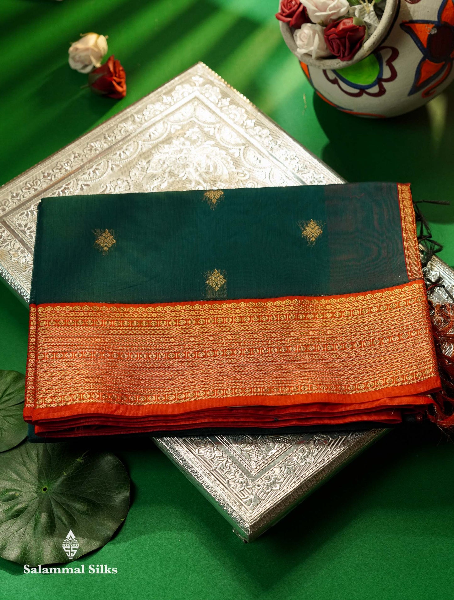 Beautiful Peacock Green Zari Butta Semi Silk Cotton Saree With Contrast Chilly Red Traditional Border