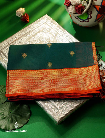 Beautiful Peacock Green Zari Butta Semi Silk Cotton Saree With Contrast Chilly Red Traditional Border