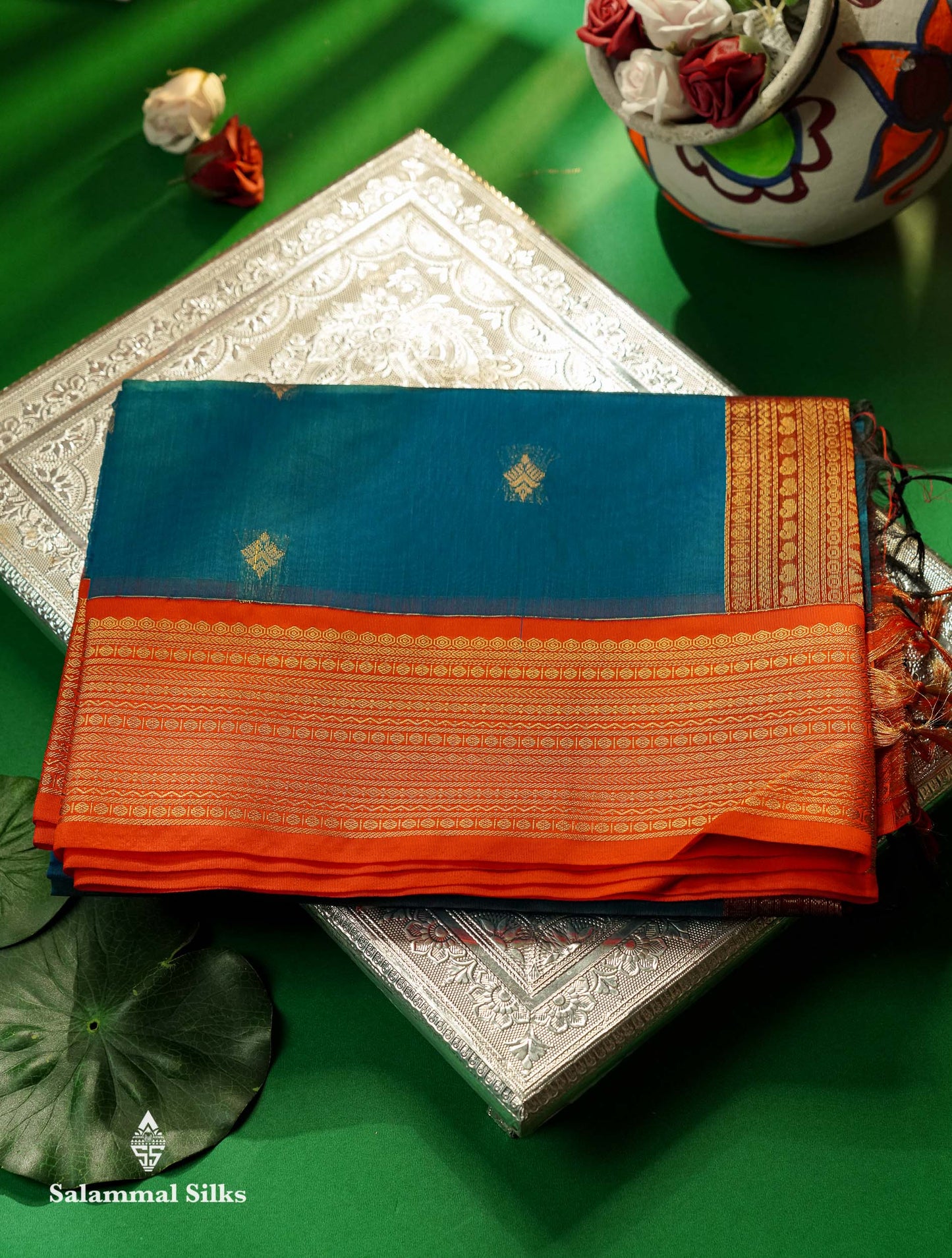 Beautiful Peacock Green Zari Butta Semi Silk Cotton Saree With Contrast Chilly Red Traditional Border