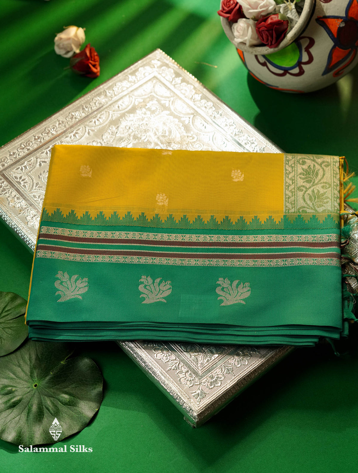 Beautiful Lemon Yellow Zari Butta Semi Silk Cotton Saree With Contrast Sapphire Green Traditional Border