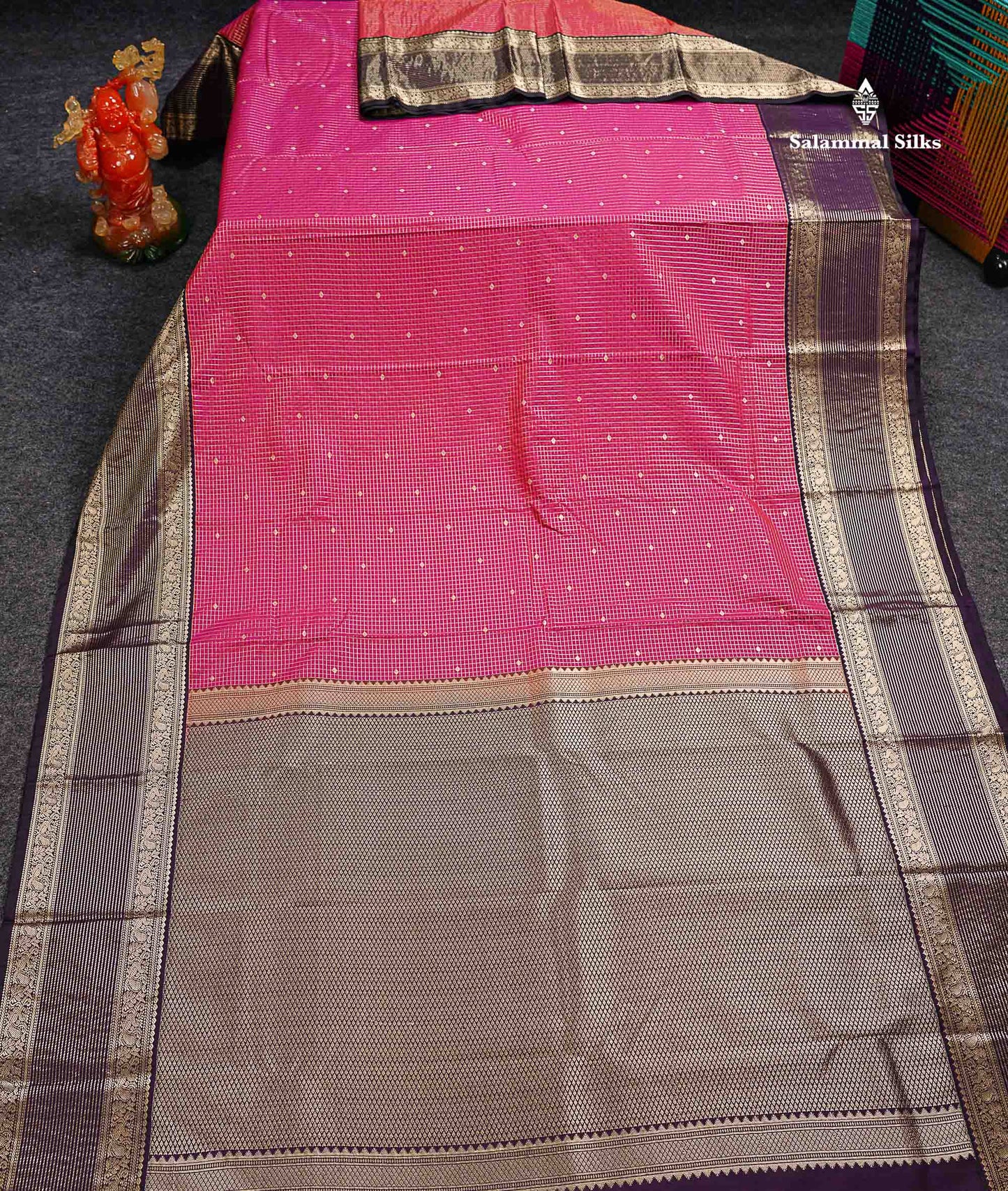 Semi Silk Saree - Dual Tone Pink Butta With Small Checks Along With Contrast Dark Purple Border
