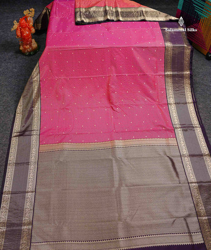 Semi Silk Saree - Dual Tone Pink Butta With Small Checks Along With Contrast Dark Purple Border