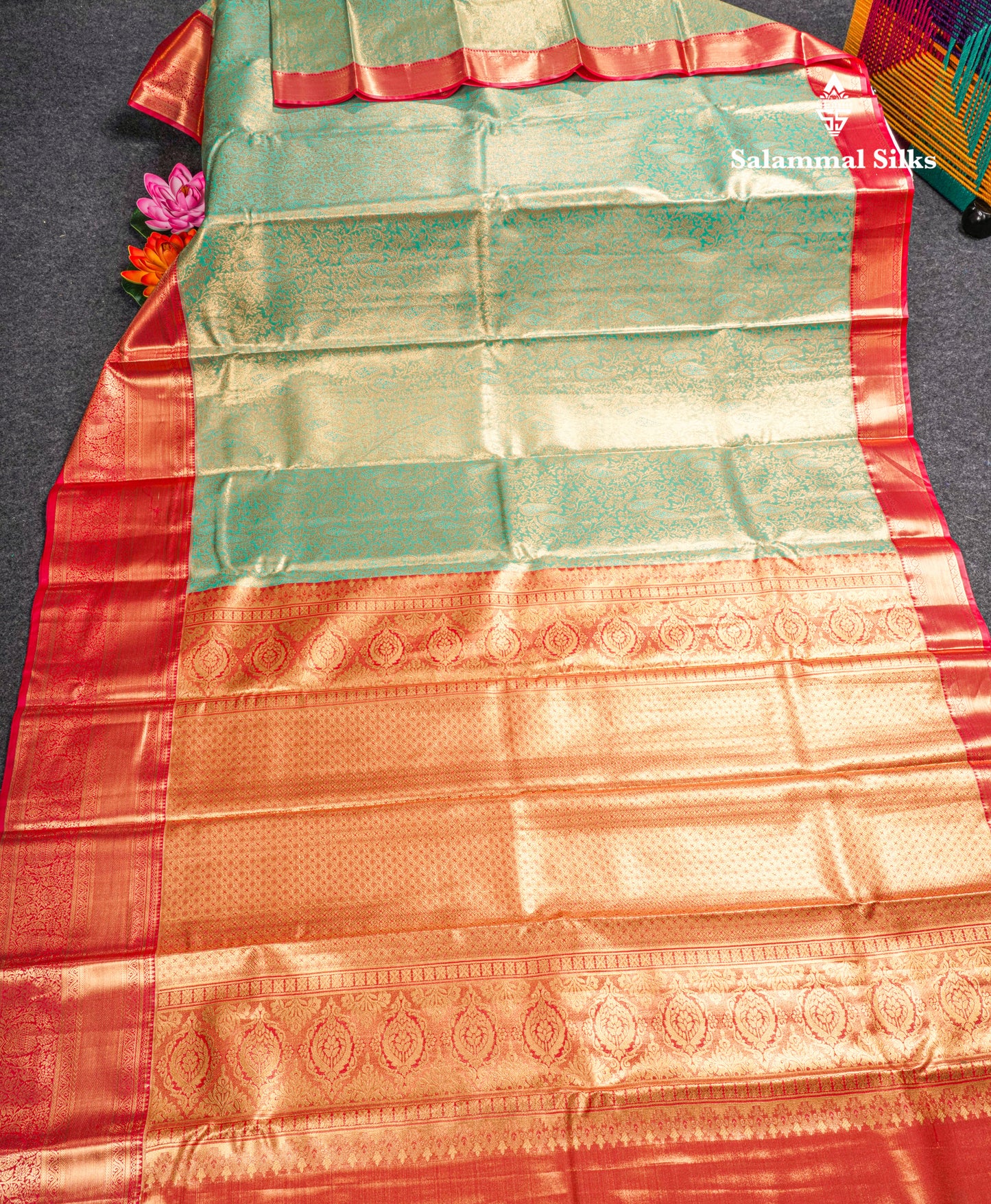 Light Green Bridal Tissue Semi Silk Saree With Contrast Pink Border