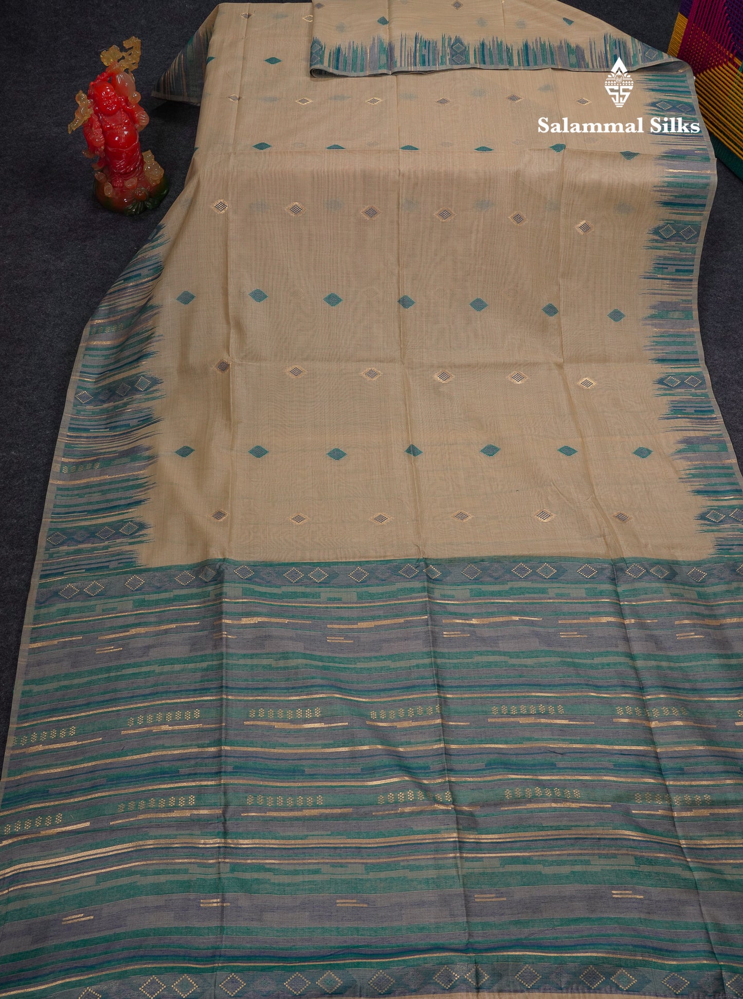 Beautiful Cream Sandal Muga Cotton Saree With Contrast Sapphire Green Blouse