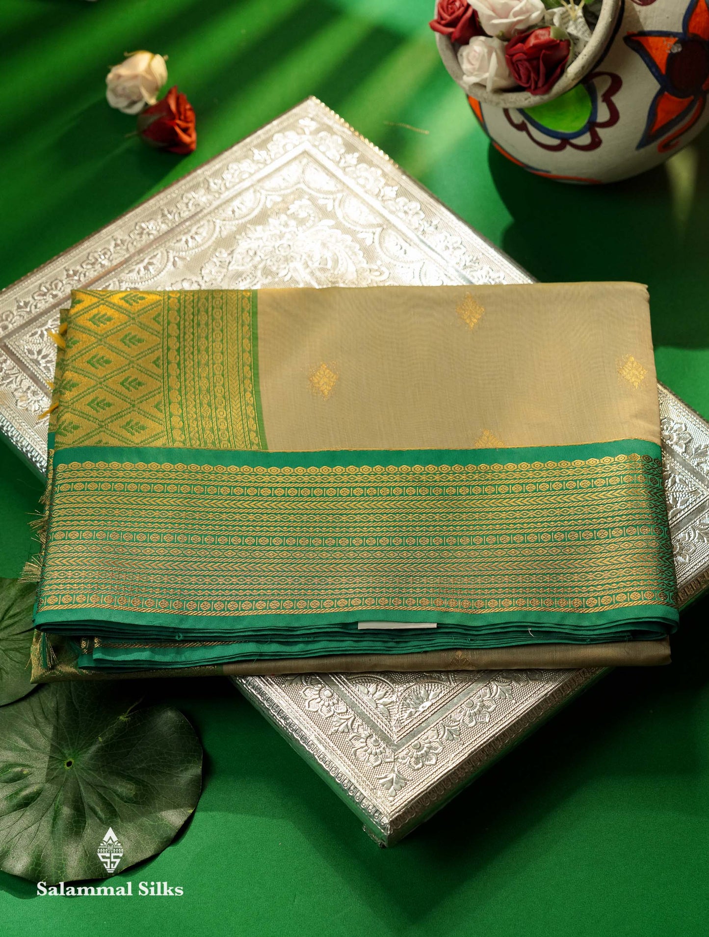 Beautiful Peacock Green Zari Butta Semi Silk Cotton Saree With Contrast Chilly Red Traditional Border