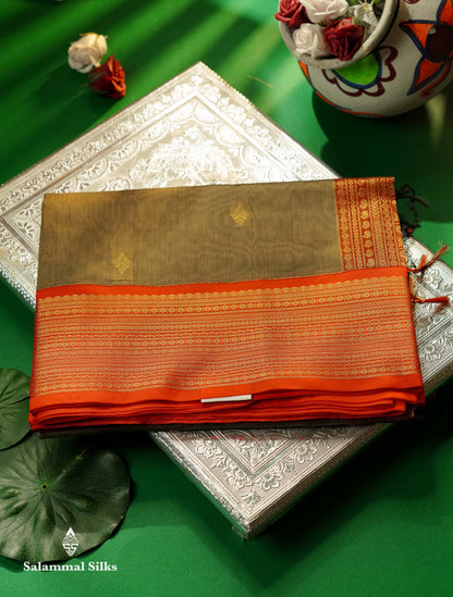 Beautiful Peacock Green Zari Butta Semi Silk Cotton Saree With Contrast Chilly Red Traditional Border