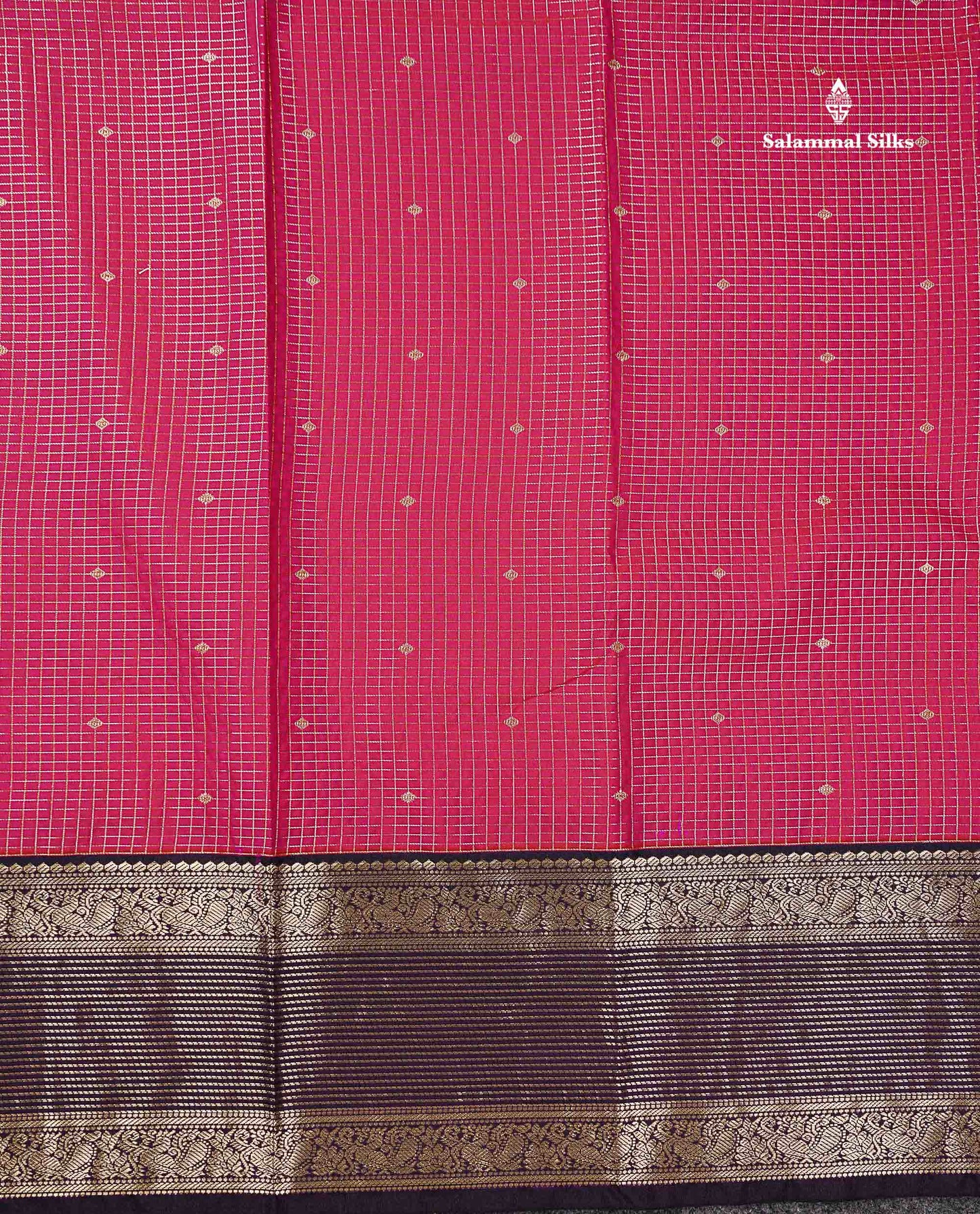 Semi Silk Saree - Dual Tone Pink Butta With Small Checks Along With Contrast Dark Purple Traditional Border