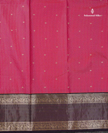 Semi Silk Saree - Dual Tone Pink Butta With Small Checks Along With Contrast Dark Purple Border