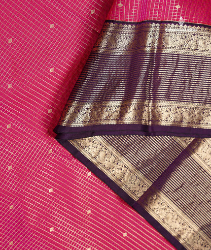 Semi Silk Saree - Dual Tone Pink Butta With Small Checks Along With Contrast Dark Purple Traditional Border