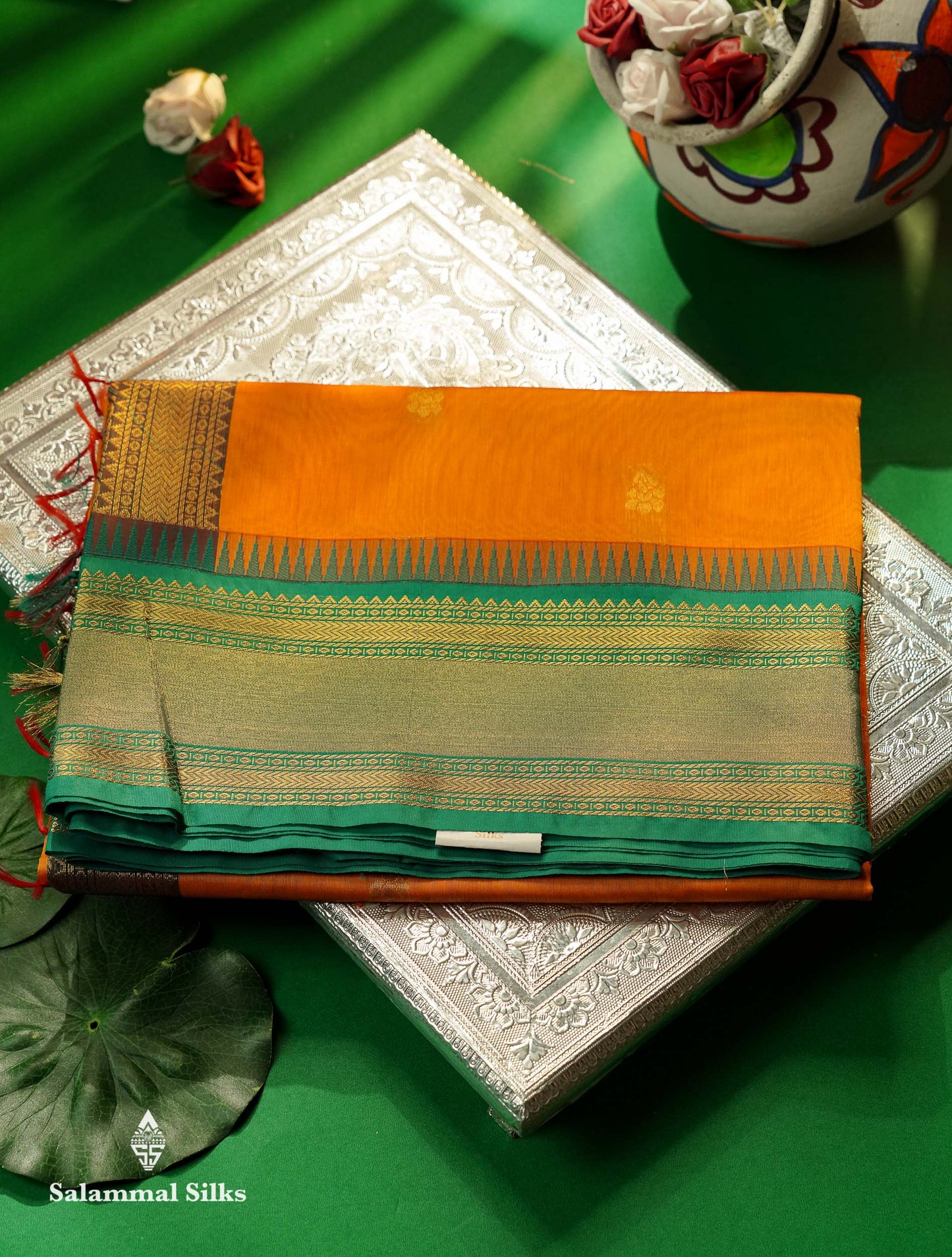 Beautiful Black Zari Butta Semi Silk Cotton Saree With Contrast Sapphire Green Traditional Border