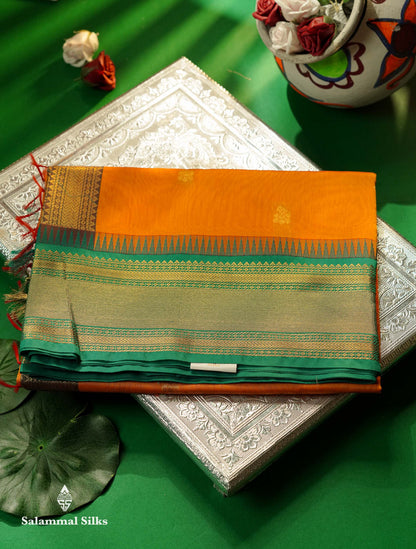 Beautiful Black Zari Butta Semi Silk Cotton Saree With Contrast Sapphire Green Traditional Border