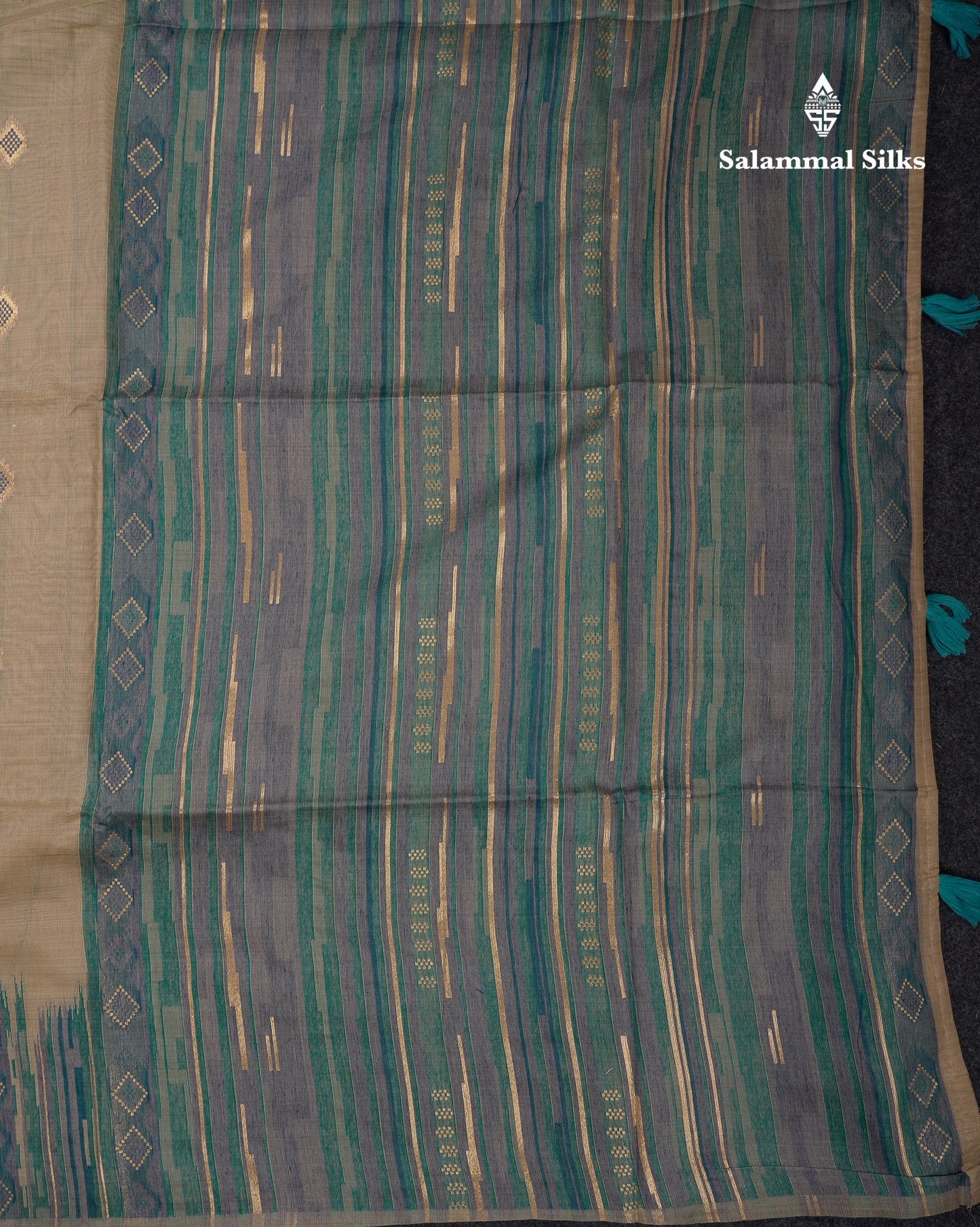 Beautiful Cream Sandal Muga Cotton Saree With Contrast Sapphire Green Blouse