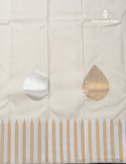 Beautiful 8 Kol Half White Fancy Pure Kanjivaram Silk Saree Pure Zari with Traditional Temple Border