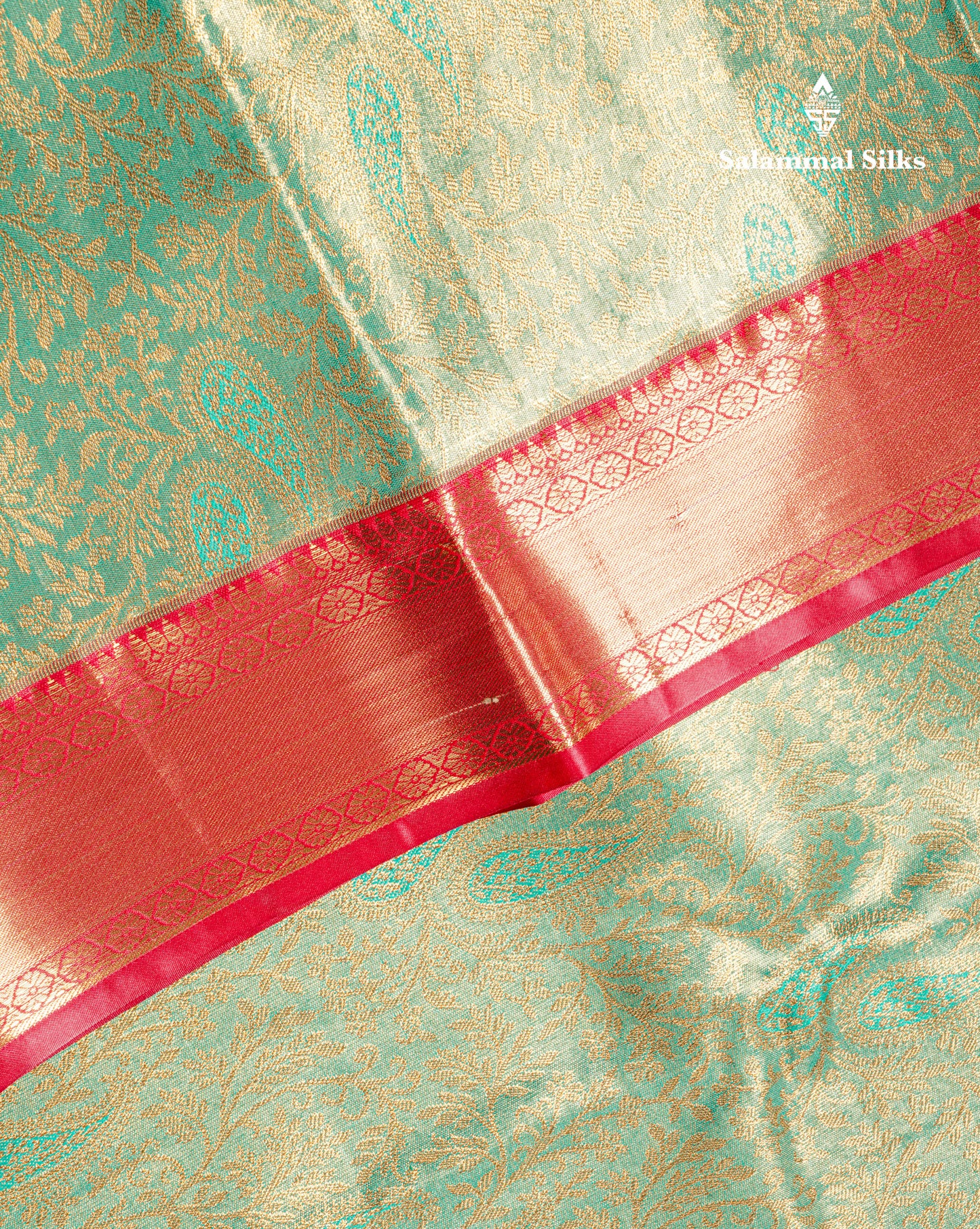 Light Green Bridal Tissue Semi Silk Saree With Contrast Pink Border