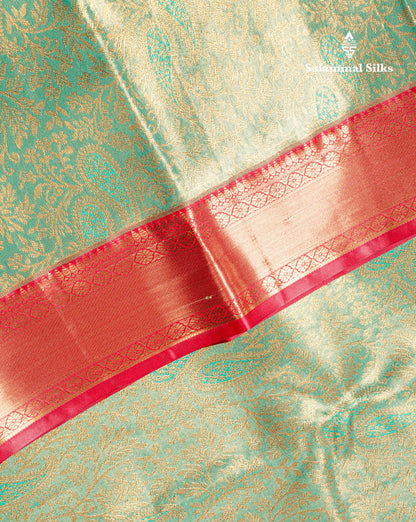 Light Green Bridal Tissue Semi Silk Saree With Contrast Pink Border