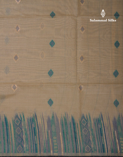 Beautiful Cream Sandal Muga Cotton Saree With Contrast Sapphire Green Blouse