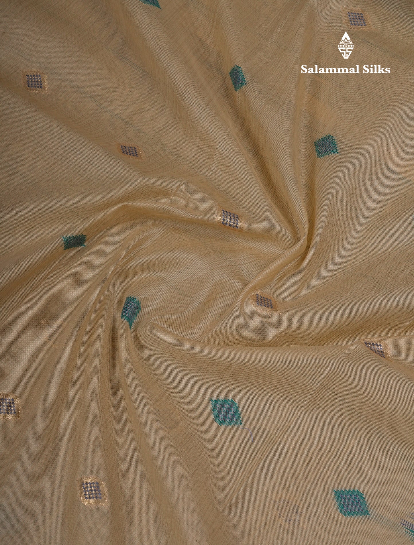 Beautiful Cream Sandal Muga Cotton Saree With Contrast Sapphire Green Blouse