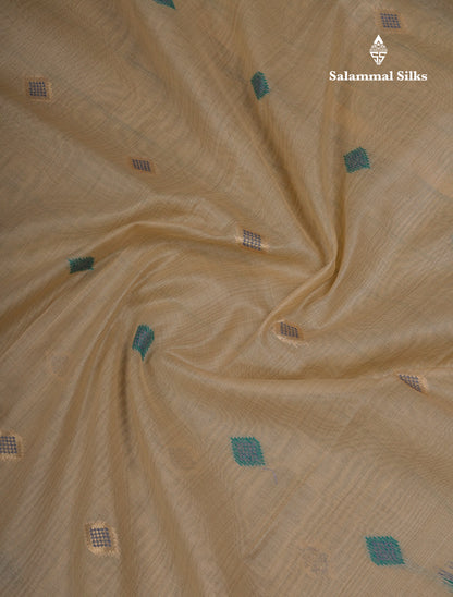 Beautiful Cream Sandal Muga Cotton Saree With Contrast Sapphire Green Blouse
