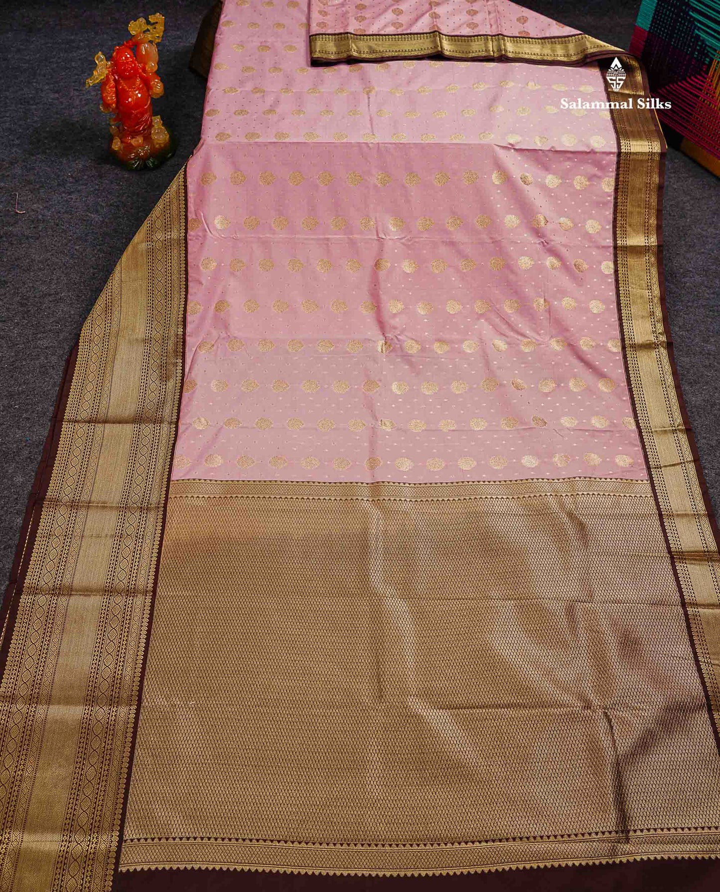 Semi Silk Saree - Baby Pink Zari Buttas With Contrast Dark Brown Traditional Evening Morning Border