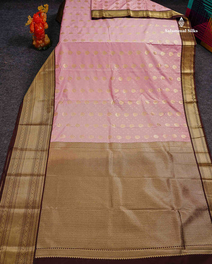Semi Silk Saree - Baby Pink Zari Buttas With Contrast Dark Brown Traditional Evening Morning Border