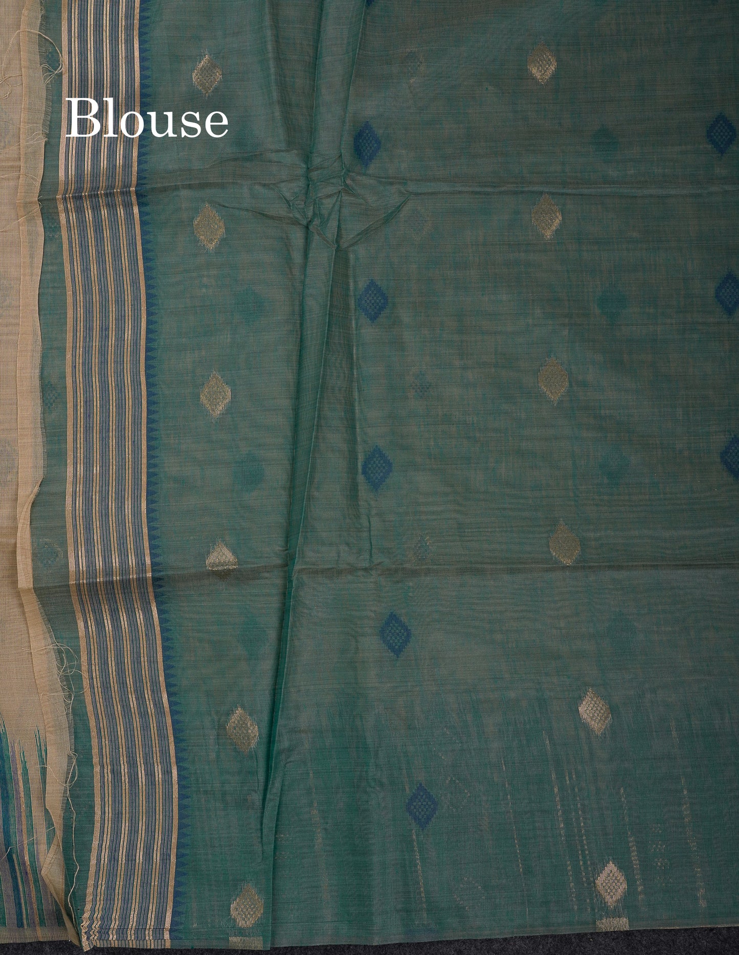 Beautiful Cream Sandal Muga Cotton Saree With Contrast Sapphire Green Blouse